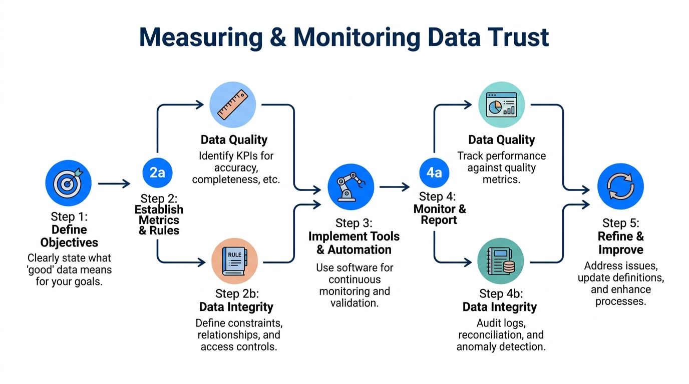 A five-step flowchart illustrating the process of measuring and monitoring data quality and data integrity in organizations.
