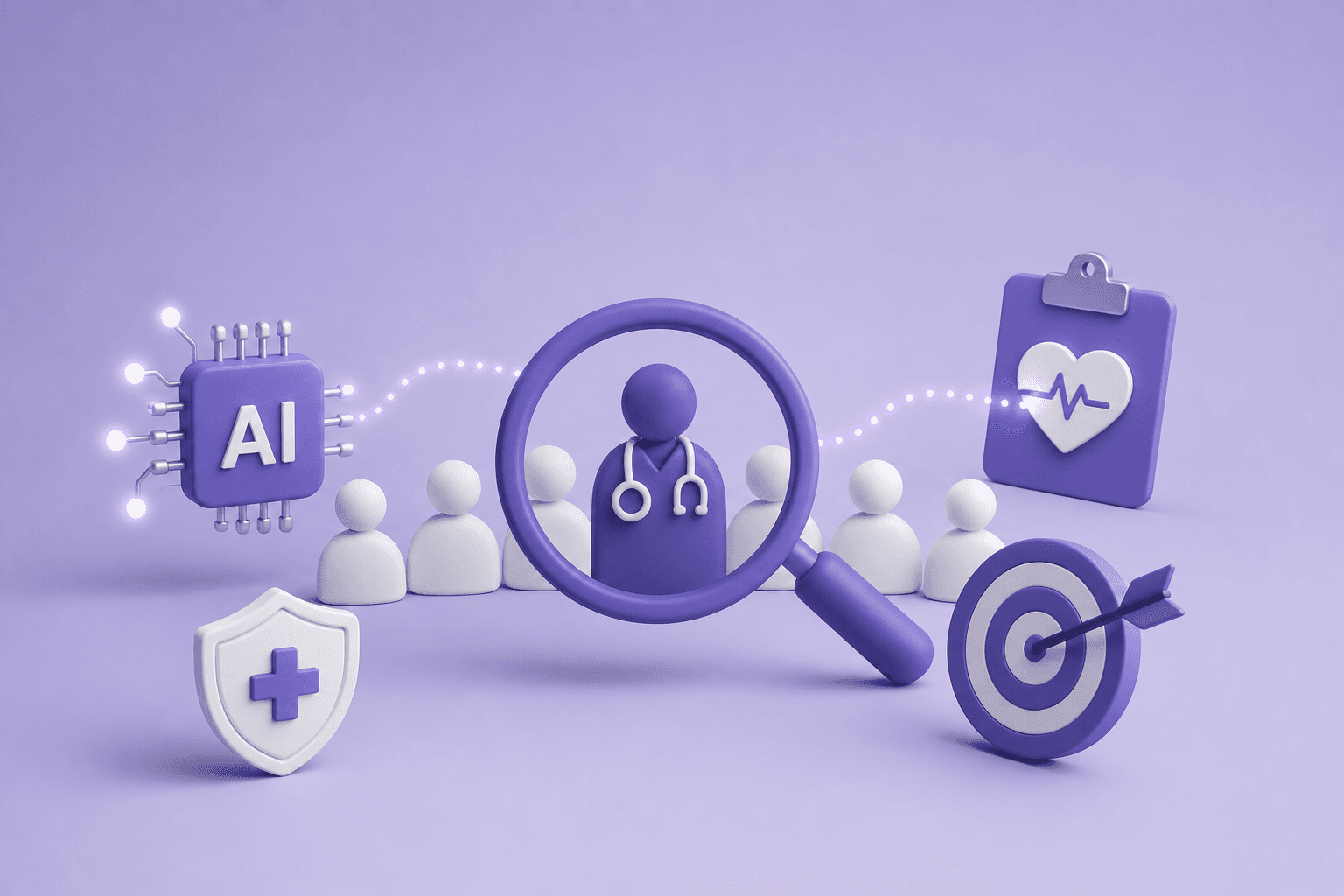 Minimal AI-powered healthcare discovery illustration featuring doctor search, verified medical experts, healthcare protection, and intelligent patient matching in a modern purple 3D style