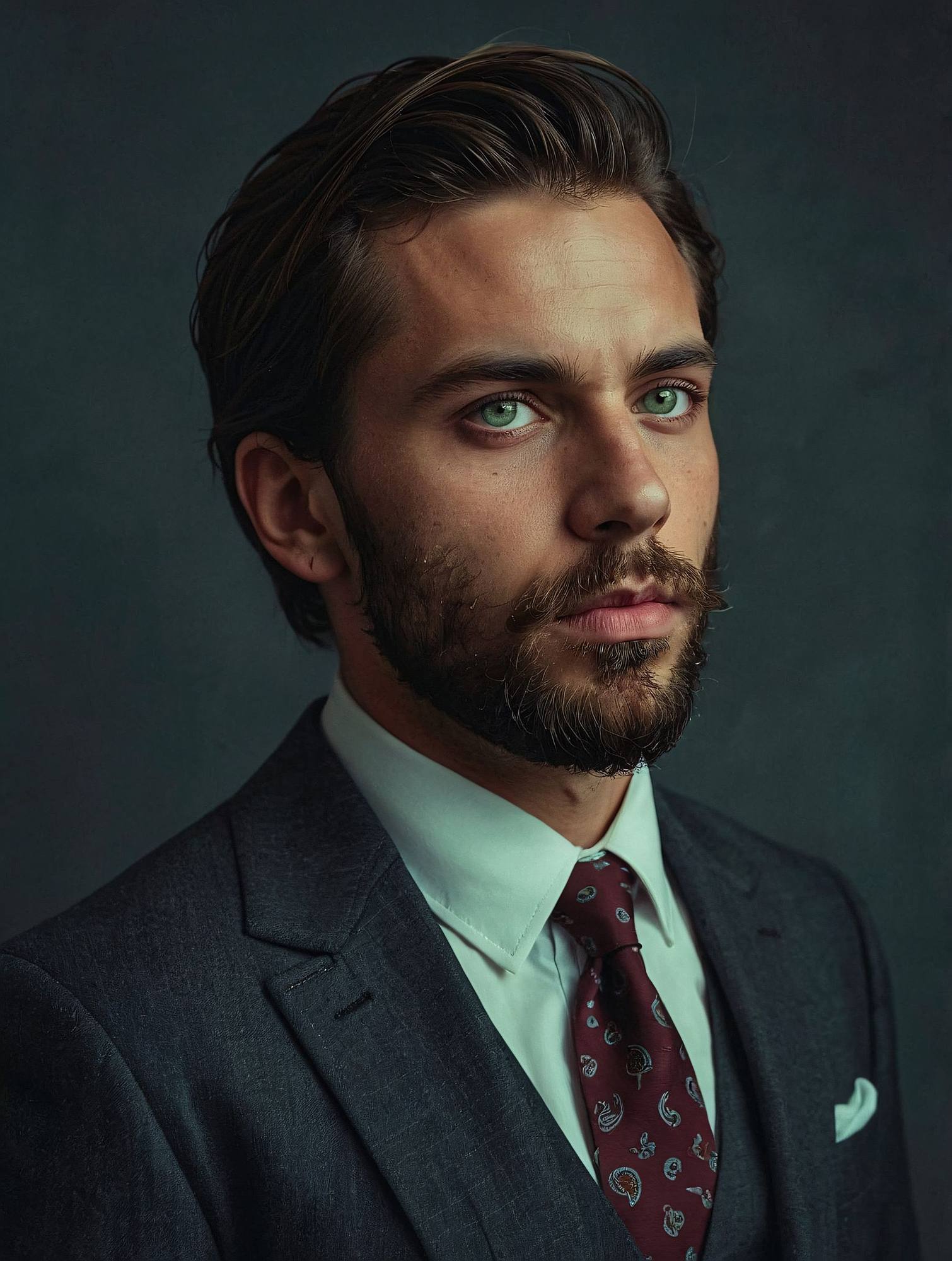 A well-dressed man with a beard and serious expression, posing against a dark background.