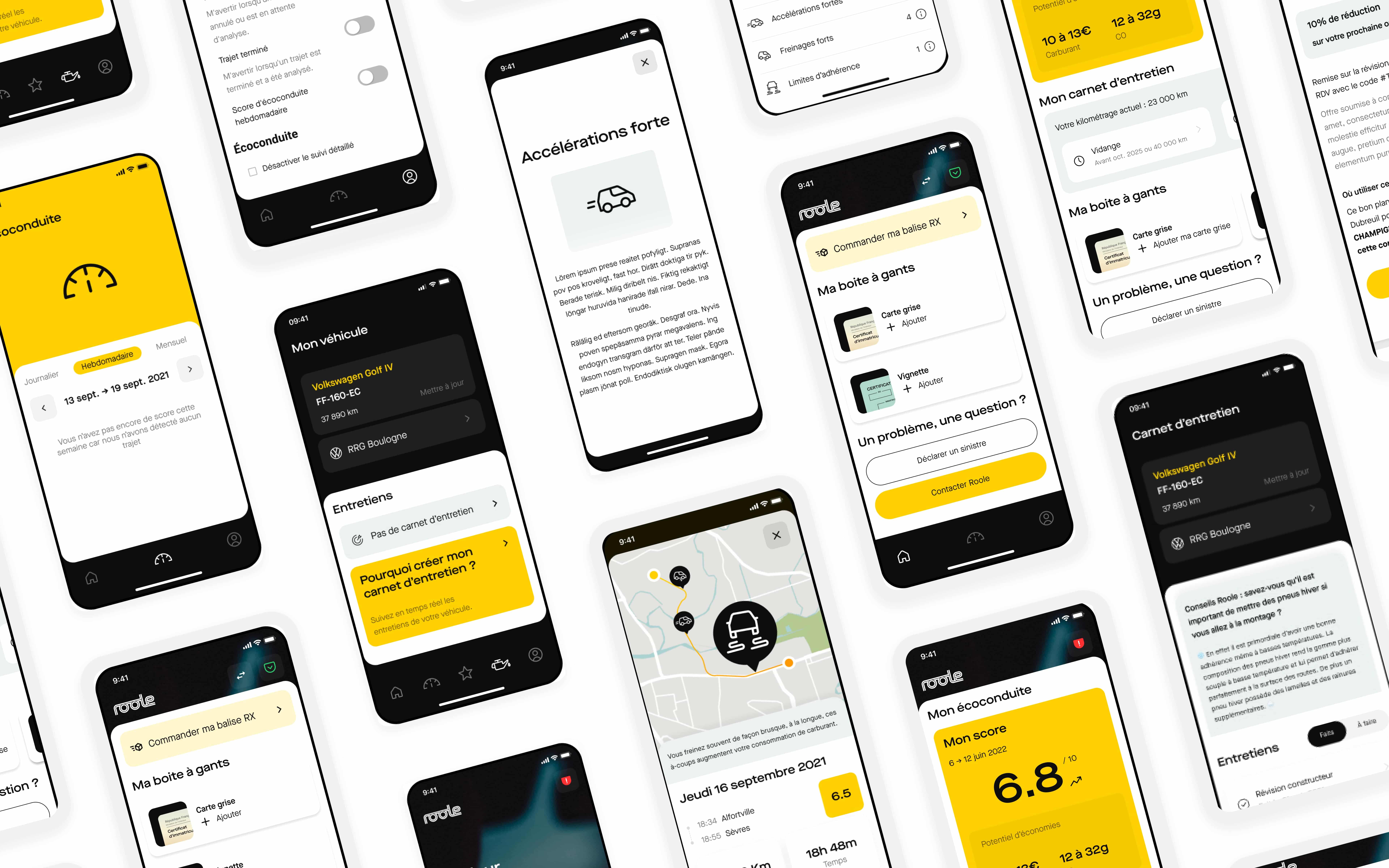 Écrans Roole Premium — fonctionnalité boîte à gants digitale et suivi de conduite, application mobile Beta