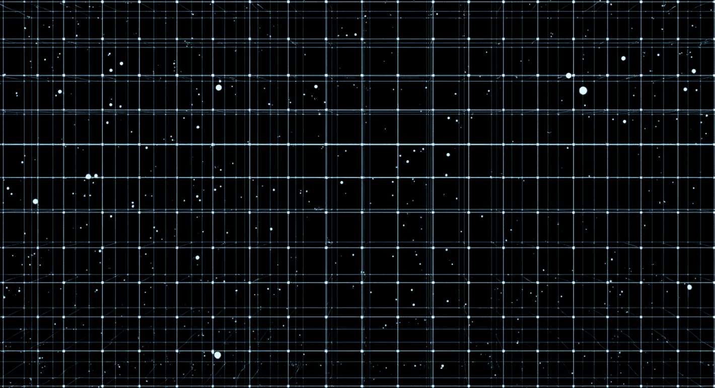 A dark, vast grid pattern resembling a 3D digital space, with scattered white dots like stars, creating a futuristic, infinite virtual reality effect.