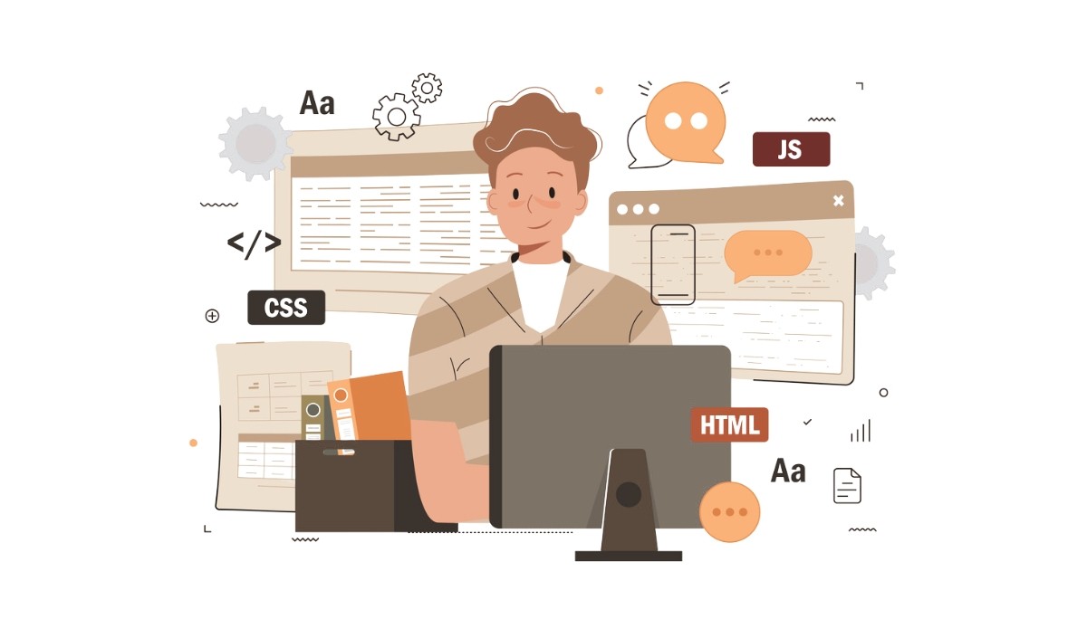 Illustration of developer at computer desk surrounded by gears, HTML, CSS, and JS icons.
