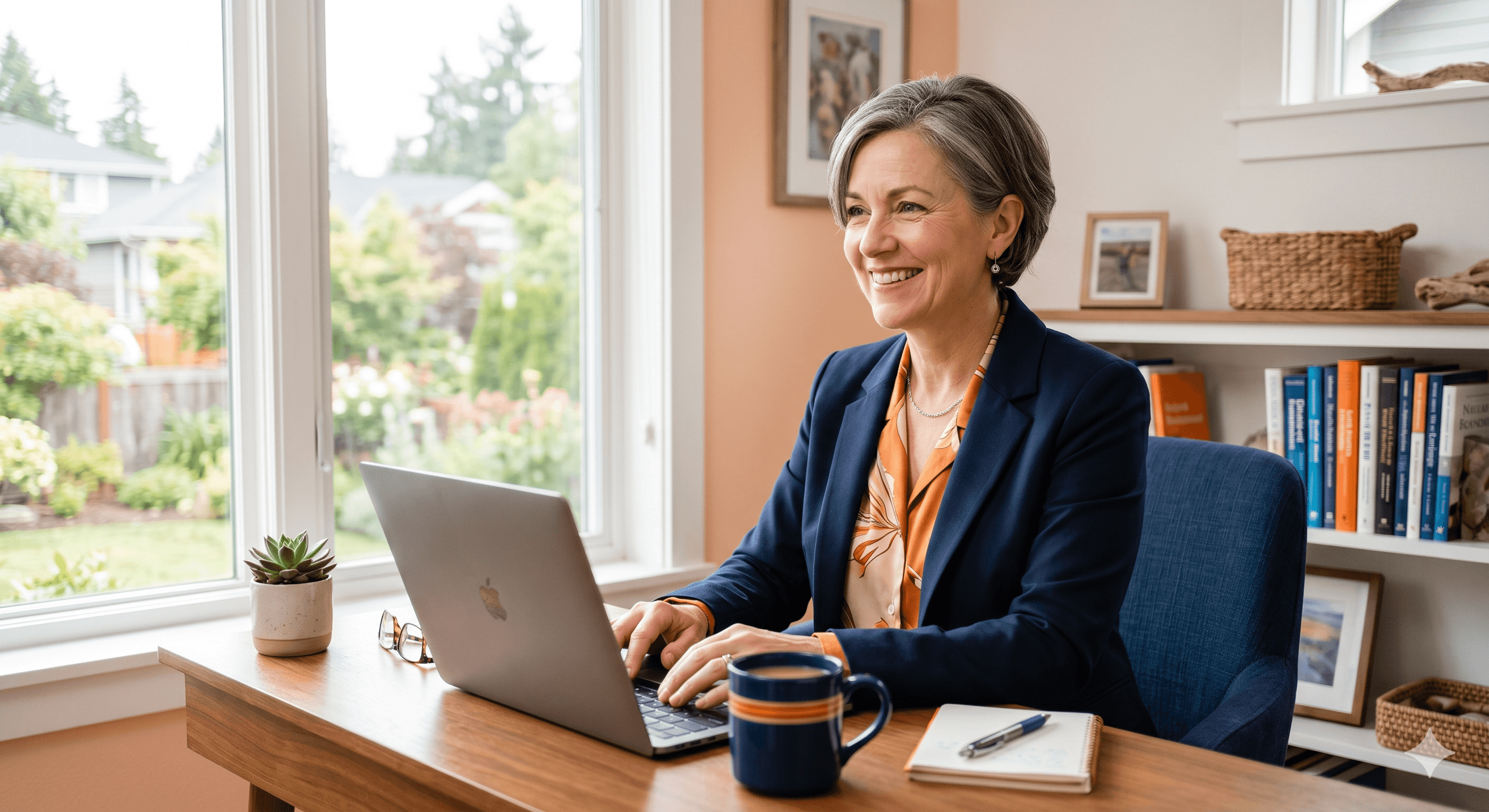 Femme de 50 ans souriante préparant sa reconversion professionnelle avec un bilan de compétences