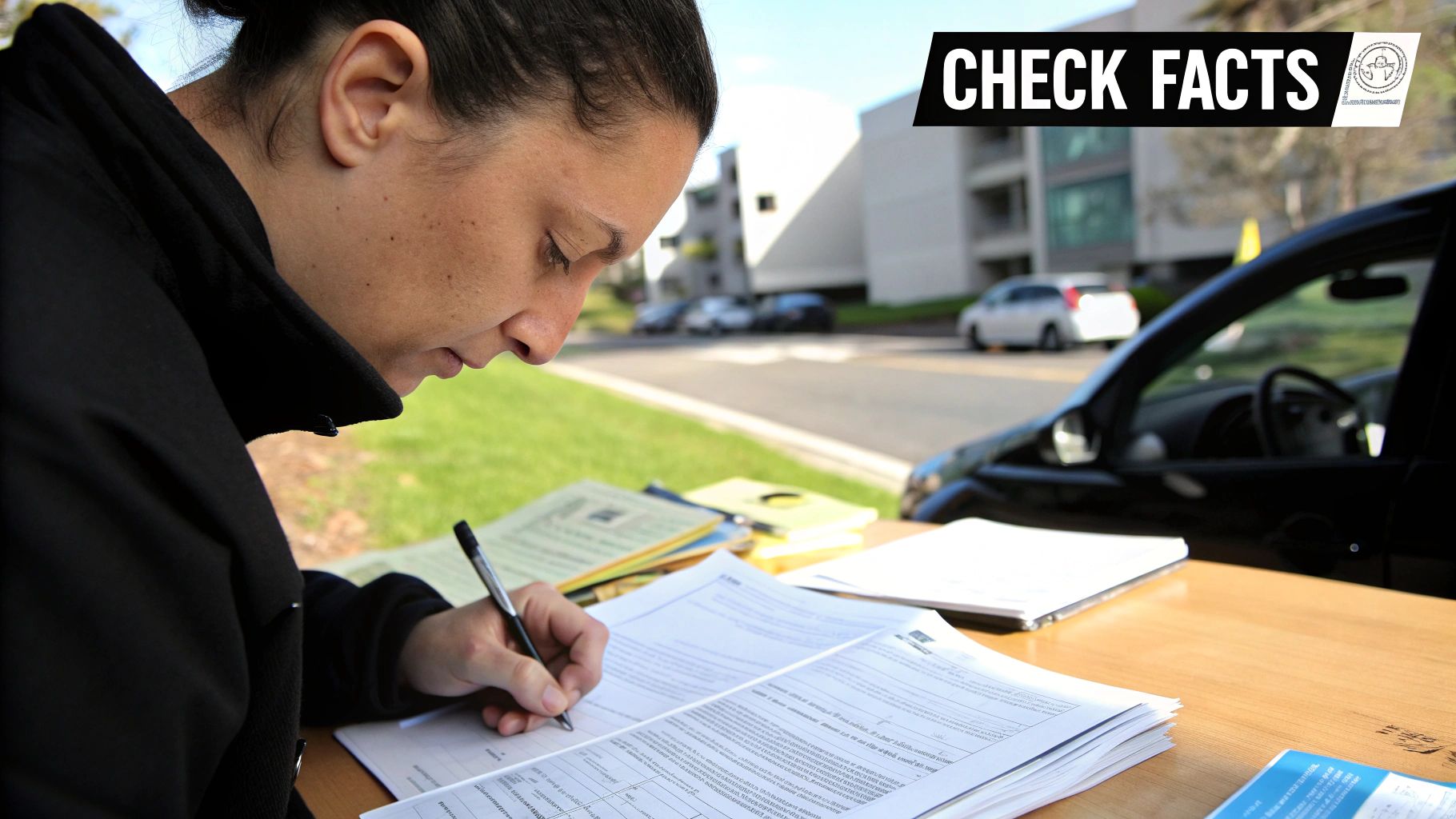 A person carefully reviewing a traffic ticket document at a desk with a laptop.
