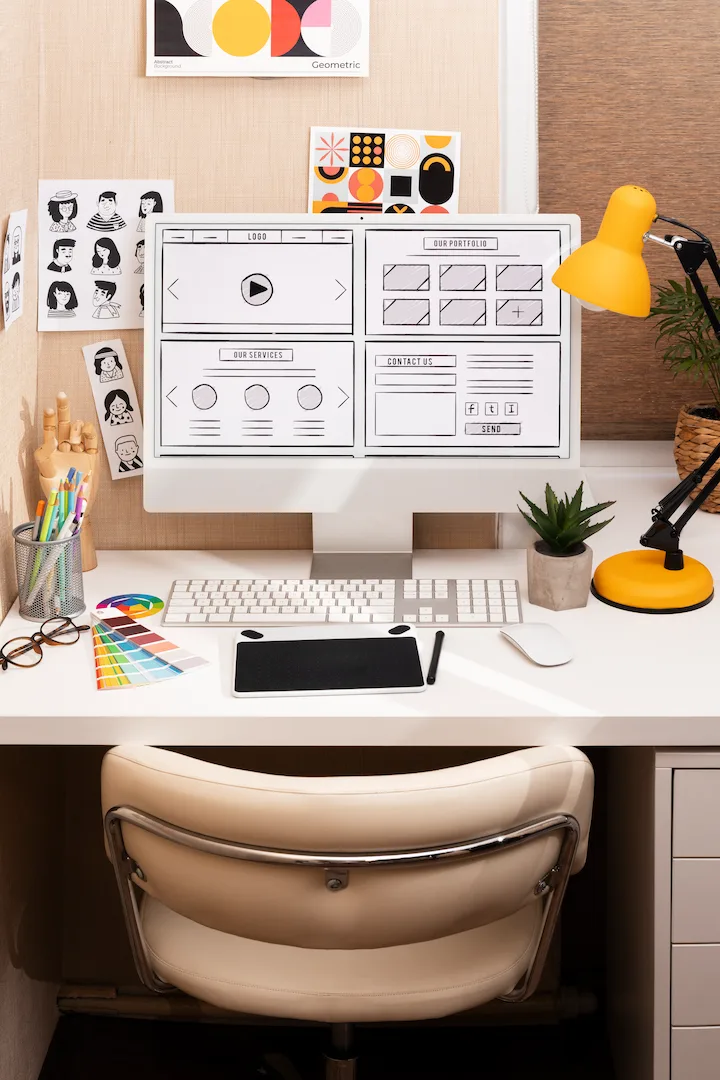 Arbeitsplatz für Webdesign und UX-Konzeption mit Wireframes, Farbmustern und Skizzen