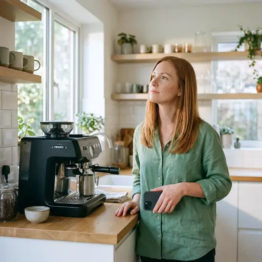 A woman standing in her kitchen next to a high-end espresso machine, thoughtfully holding her smartphone while considering a purchase, perfectly representing the benefit of tracking and comparing appliances across multiple stores with Whisprice.