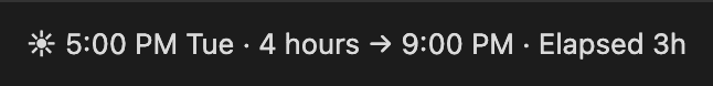 The scene title bar shows the start time and weekday, duration, calculated end time, and confirmed elapsed time.