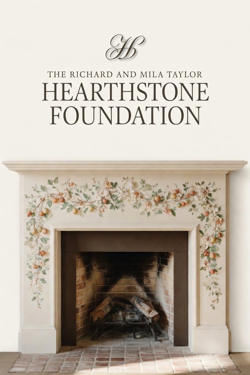 Hearthstone Foundation mark above a fireplace