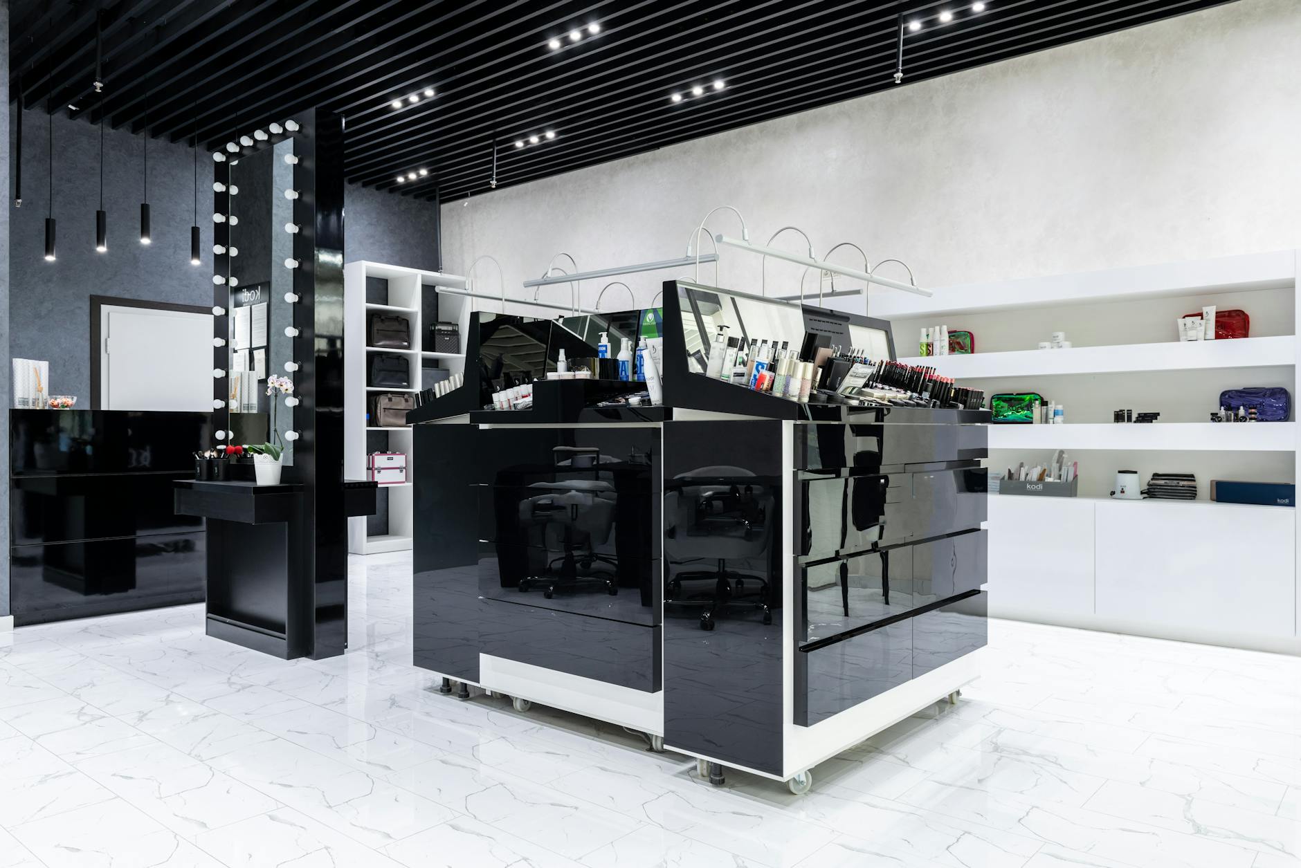 Modern cosmetic store with sleek display units and shelving, showcasing products in a stylish interior.