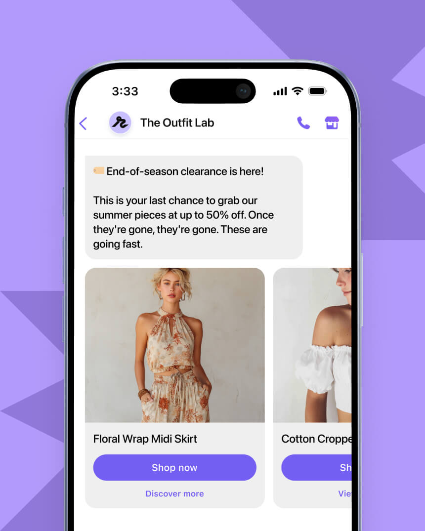 Viber messaging campaign showcasing a personalized end of season clearance message, targeting women, from a fashion and apparel e-commerce store.