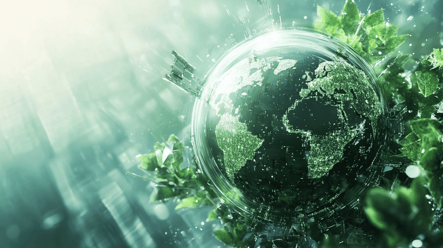 Black and white abstract globe with city lights, representing sustainable technology and global innovation, on a textured background with swirling patterns and shapes, conveying a sense of modernity and eco-friendliness.