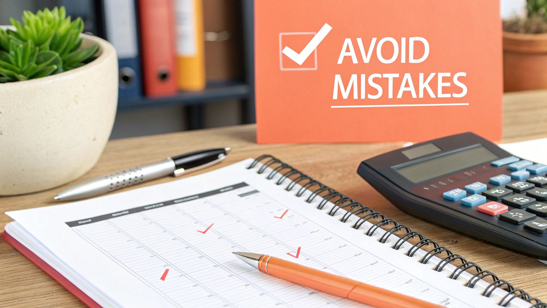 Desk with 'AVOID MISTAKES' sign, planner with red checkmarks, pens, calculator, and a potted plant.