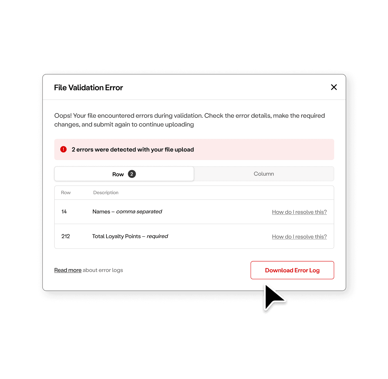 Error dialog for a failed file upload