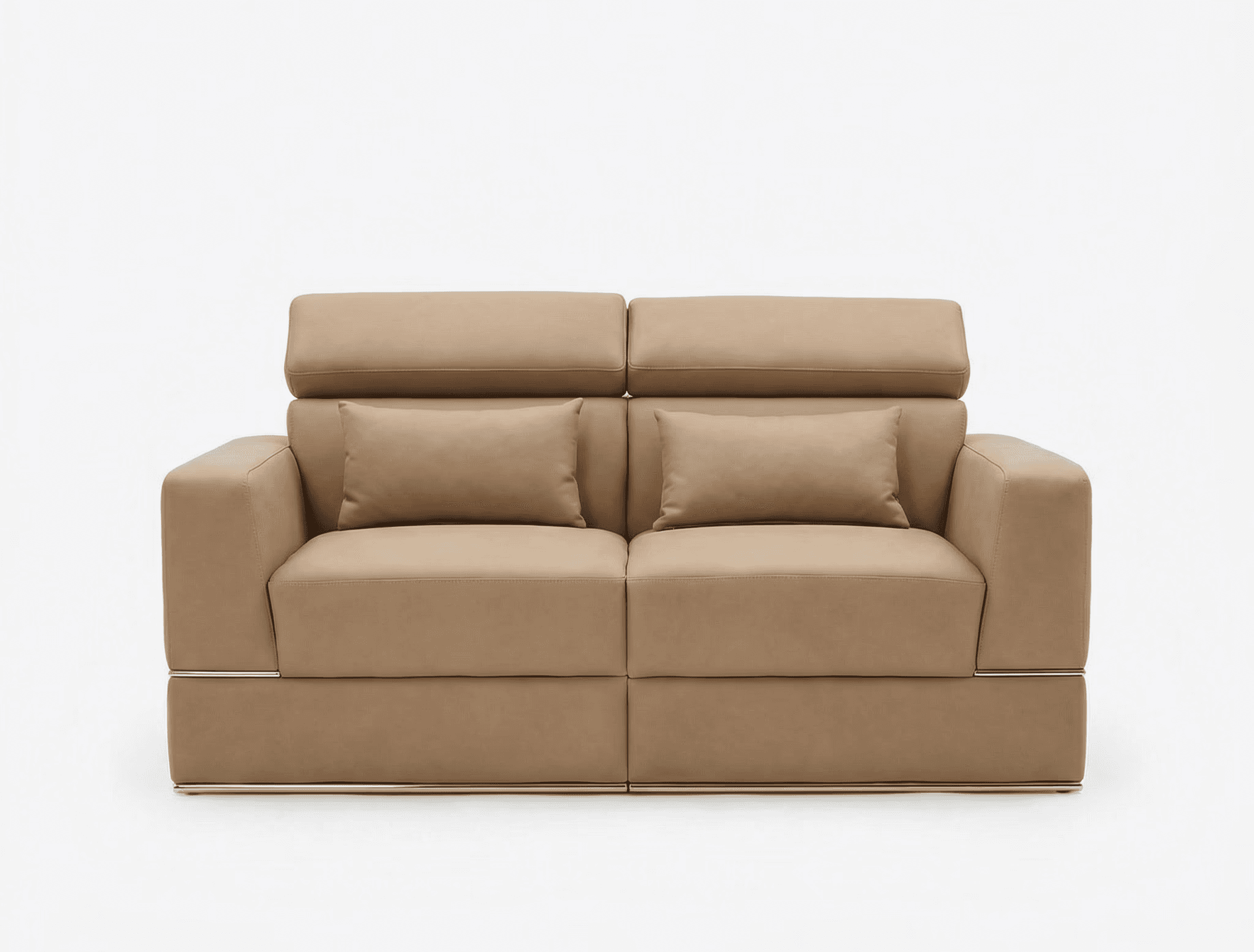 Tan upholstered seating with adjustable headrests and low metal base
