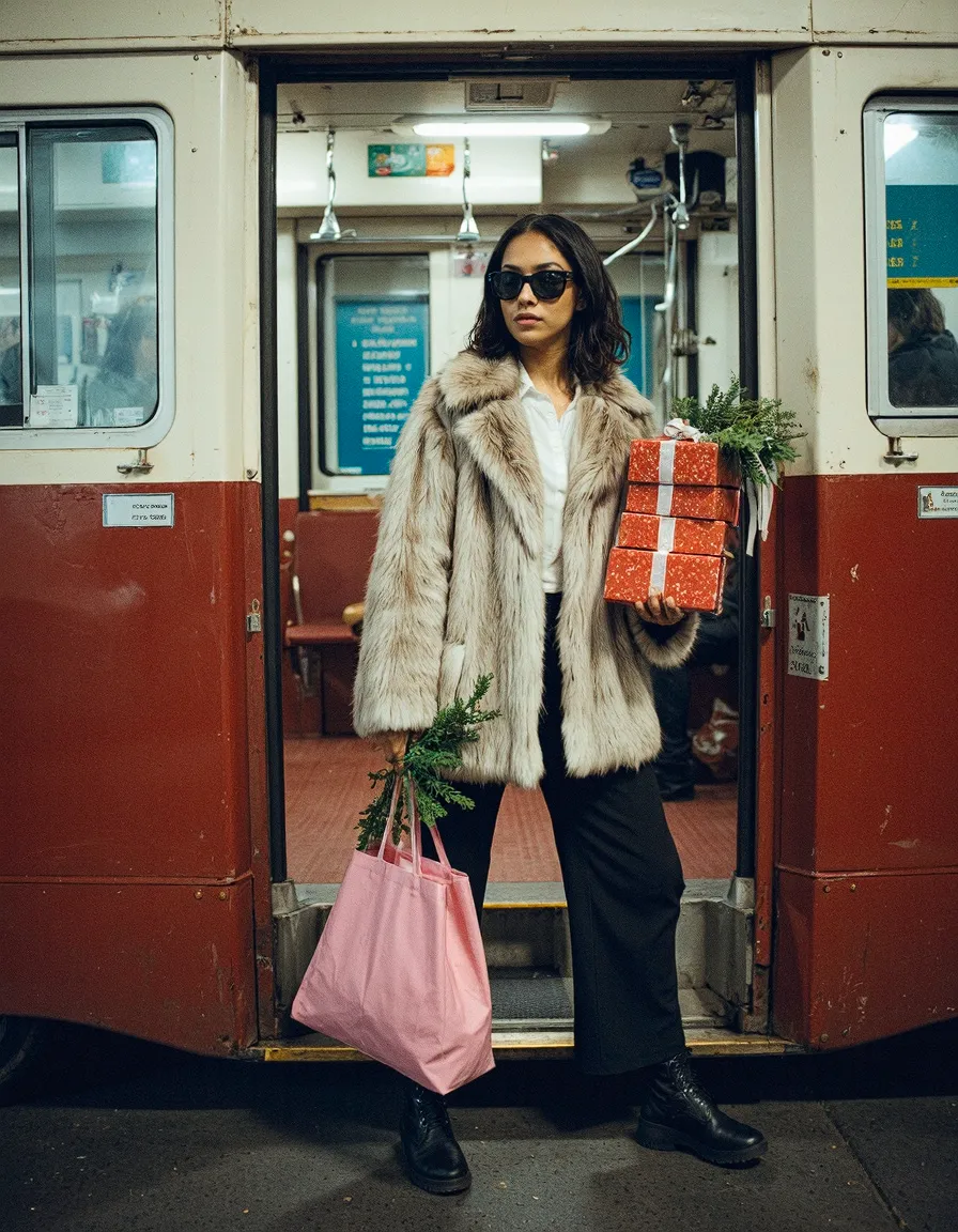 Woman in fur coat with Christmas gifts on vintage train, wearing sunglasses and carrying pink shopping bag