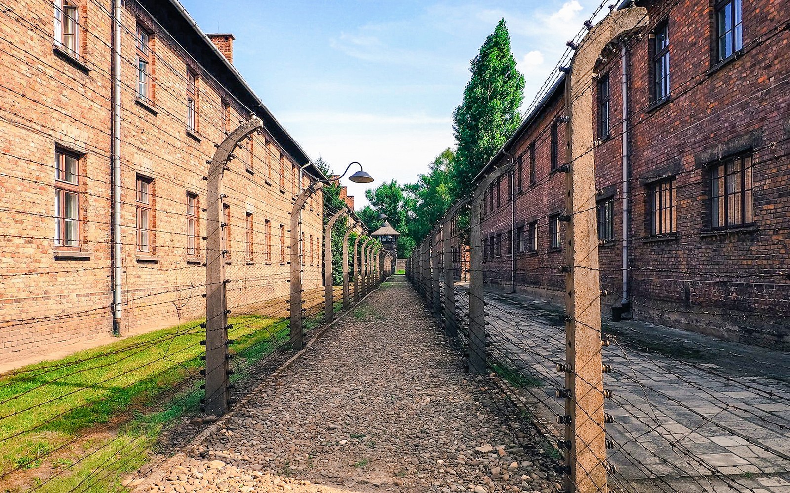 Auschwitz Birkenau I murstensbarakker med pigtrådshegn og sti.