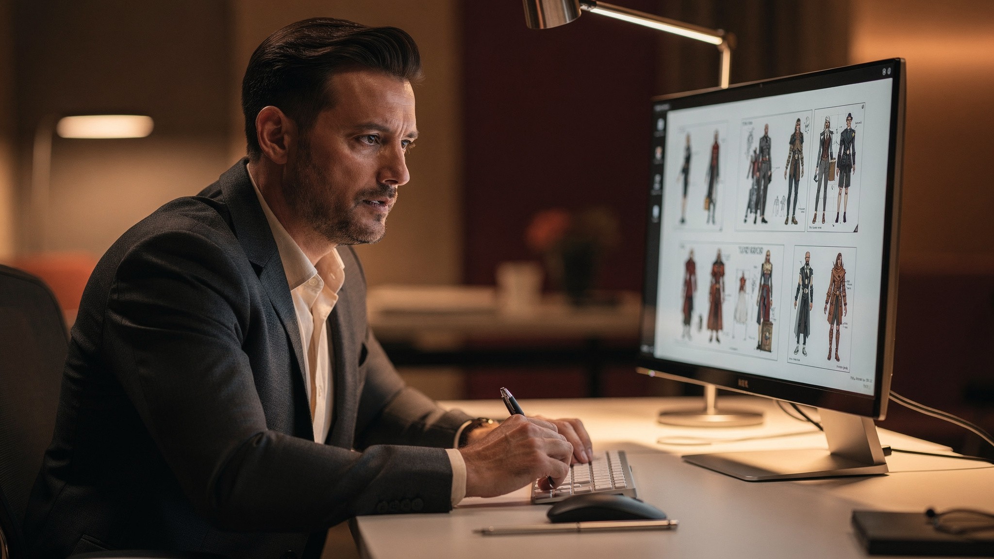Creator reviewing an AI character concept board on a monitor, ai persona generator planning