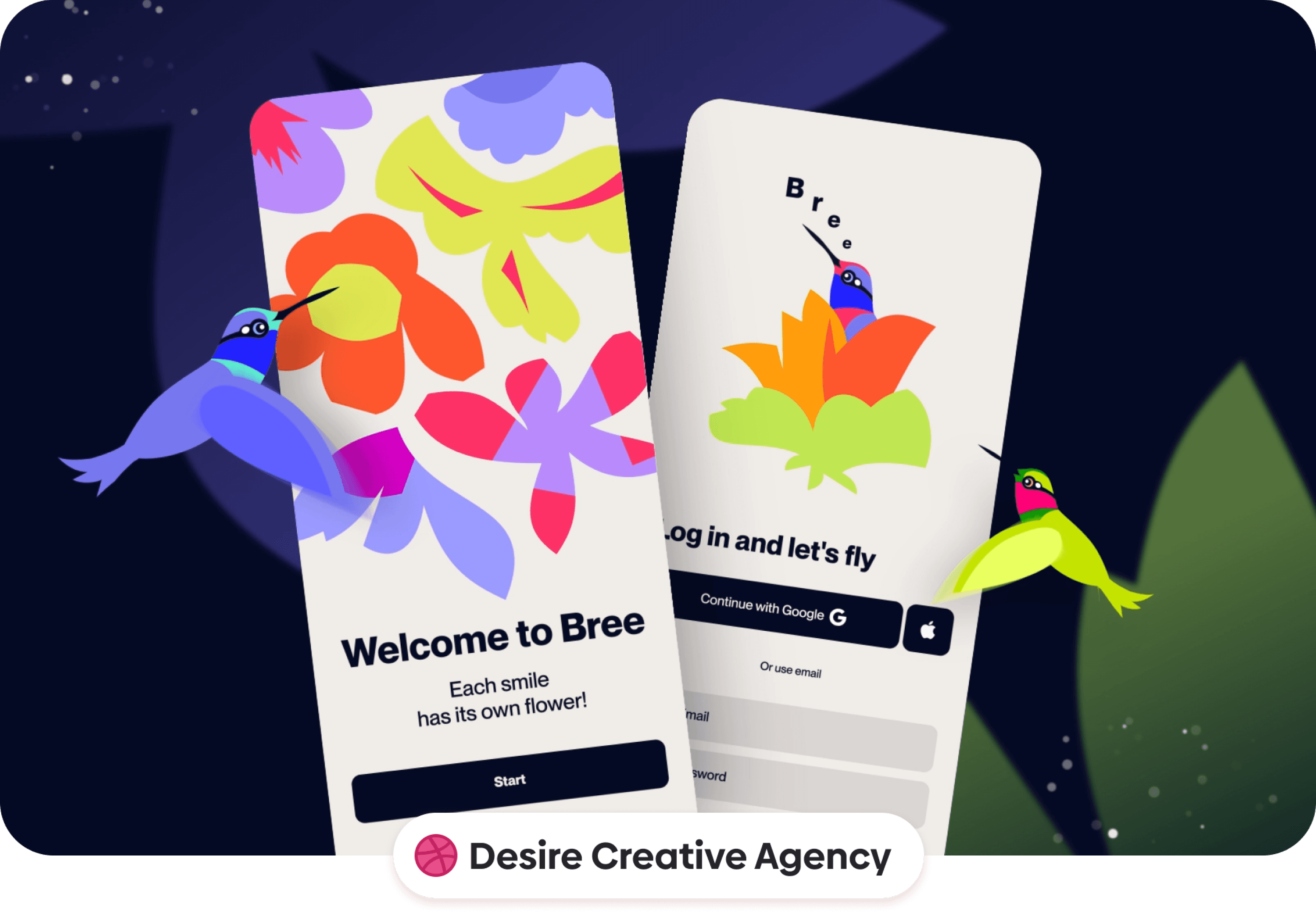 Colorful Bree app onboarding screens with vibrant flower illustrations and hummingbird characters surrounding two tilted mobile UI mockups on a dark abstract background.