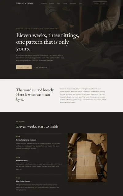 Bespoke tailoring website template preview with cloth swatches and process