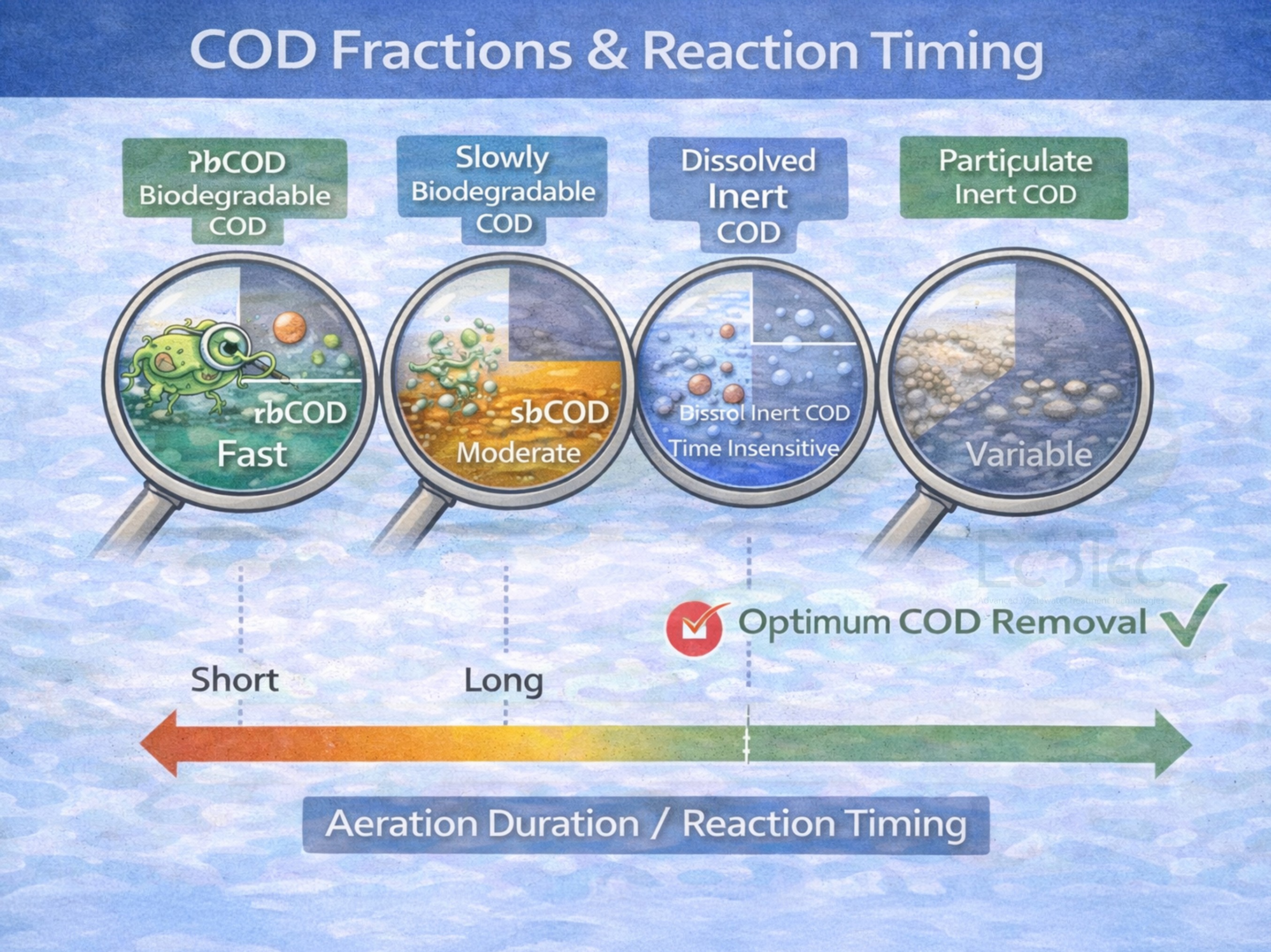 COD fractions and reaction timing chart showing rbCOD, sbCOD, dissolved inert COD, and particulate inert COD versus aeration duration for optimum COD removal.