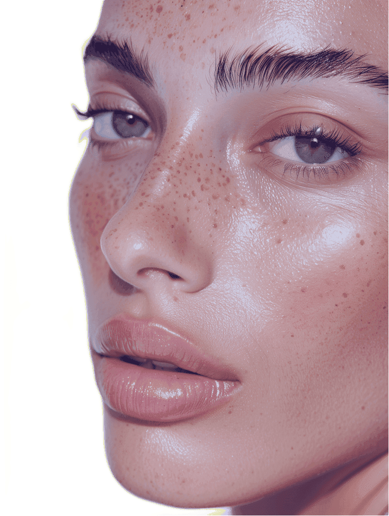 Close-up portrait of a young woman with green eyes, natural makeup, and dark hair, gently touching her face, against a neutral beige background (Background Removed) (Background Removed)