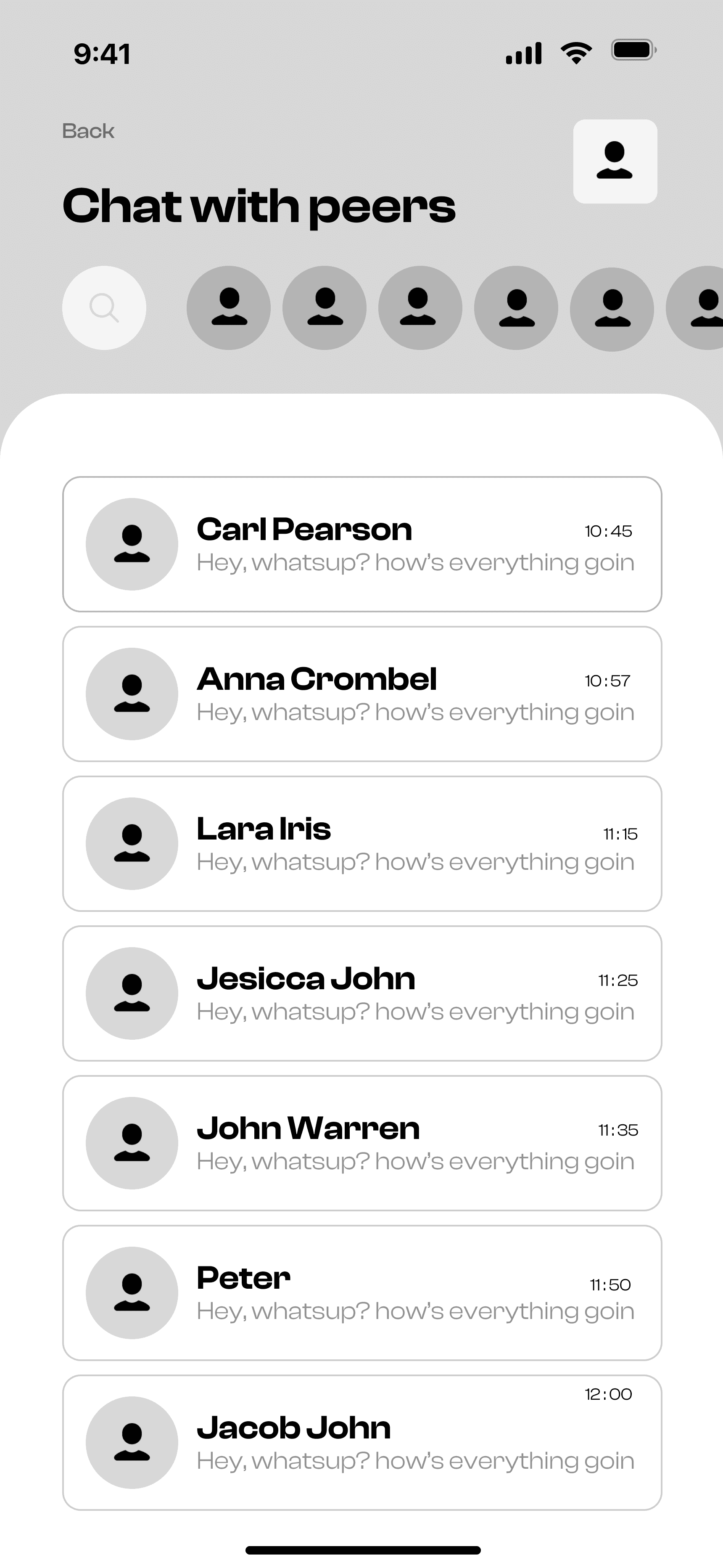 The image depicts a mobile phone screen displaying a peer chat application, showing multiple conversation threads with user icons and timestamps.