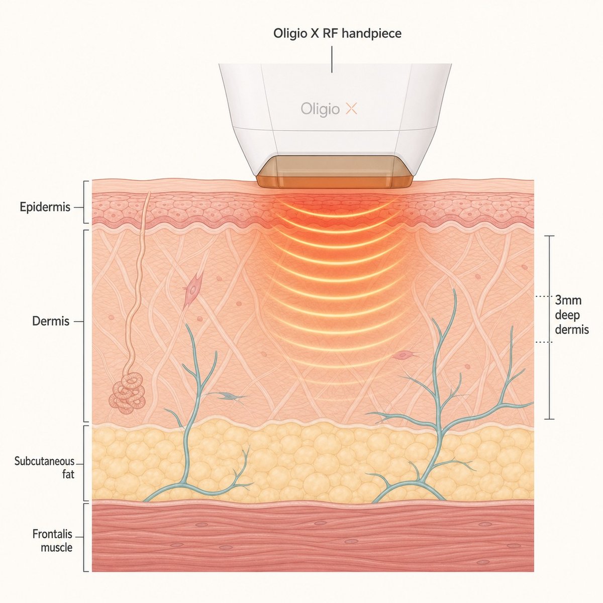 Cross-section diagram of Oligio X radiofrequency energy reaching the dermis of the forehead