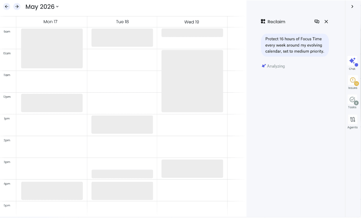 Illustration of Reclaim.ai's calendar view with an AI chat panel