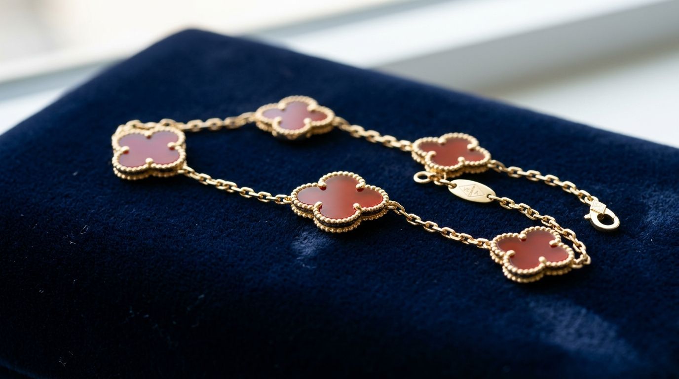 A luxurious Van Cleef & Arpels Alhambra bracelet featuring red carnelian clover motifs on a gold chain.