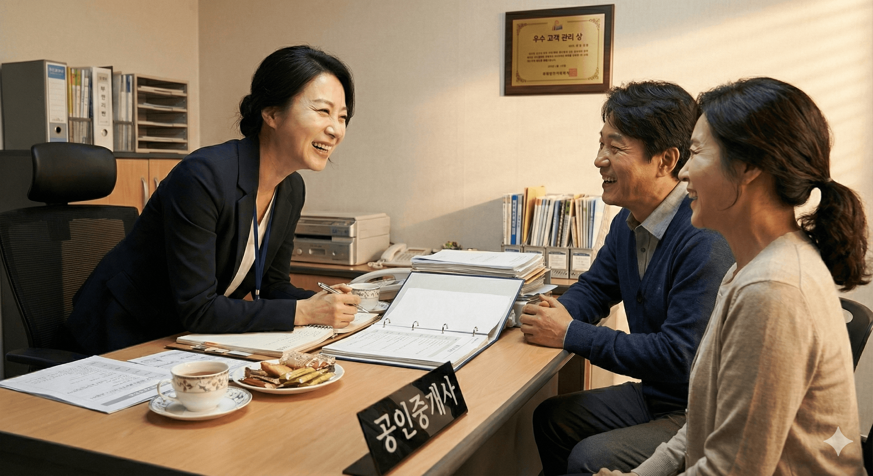 고객관리를 잘 해서 기존 고객이 다시 찾아와서 공인중개사가 방긋 웃으며 응대하는 사진