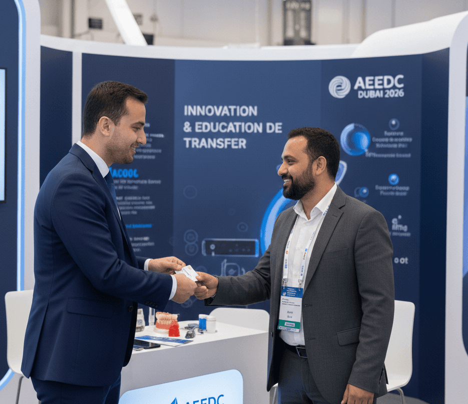 Two male exhibitors in suits and a female dental assistant in a lab coat sitting at a demonstration table, closely examining a physical dental product and discussing its technical specifications.