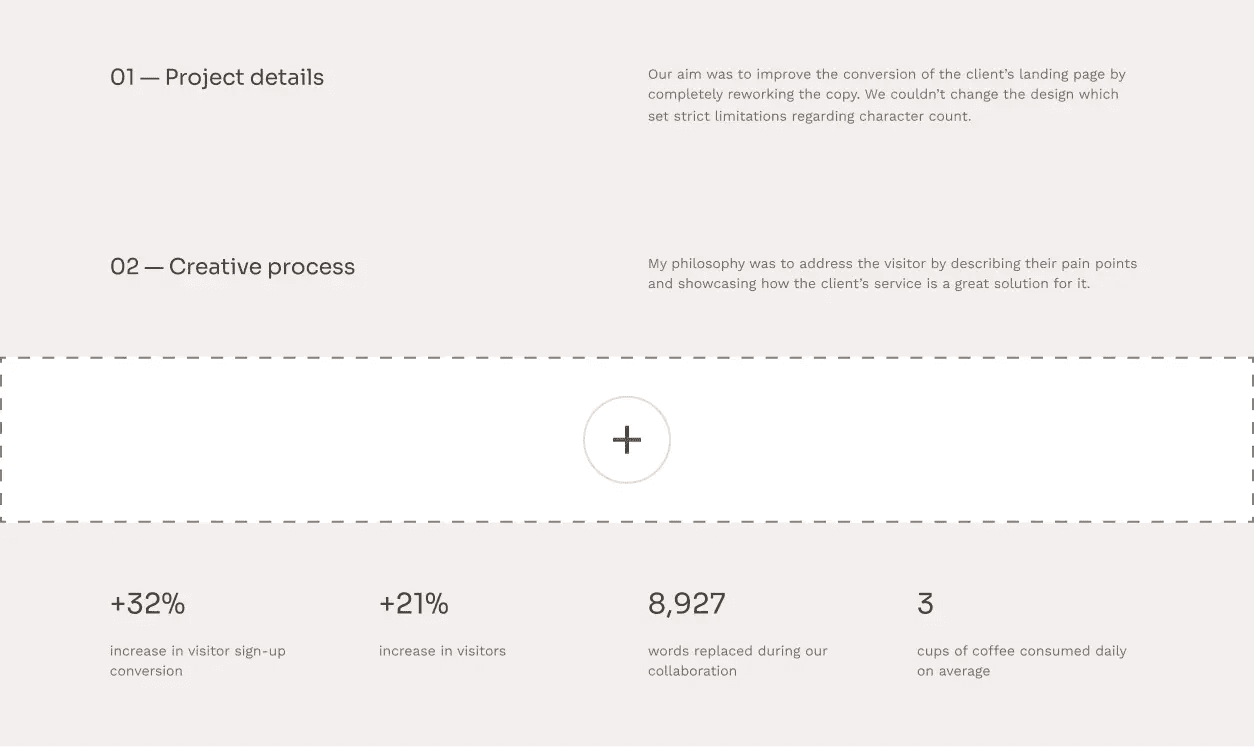 A case study page in Copyfolio, which comes with pre-filled sections helping you write a case study, such as sections about project details, the creative process, results, and statistics on how the work performed.