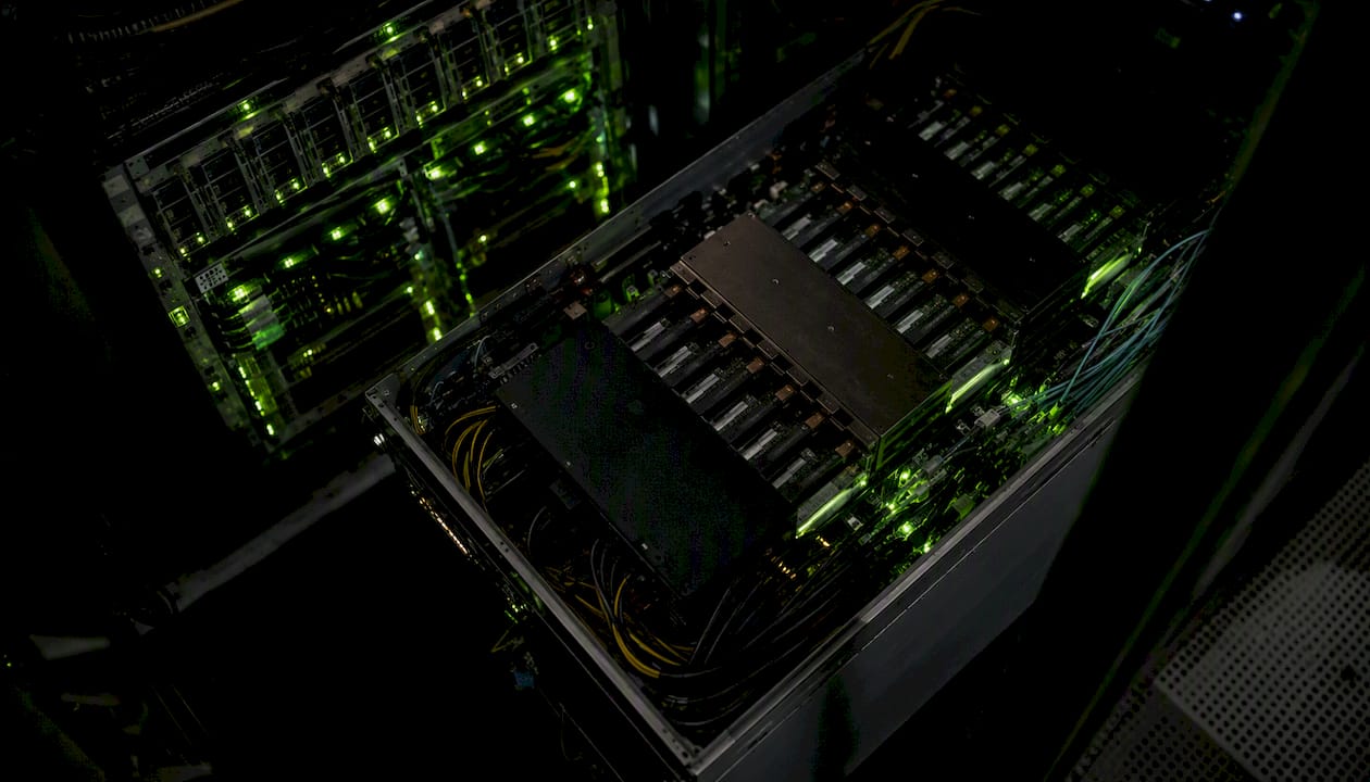 AI processing hardware with neon green lighting