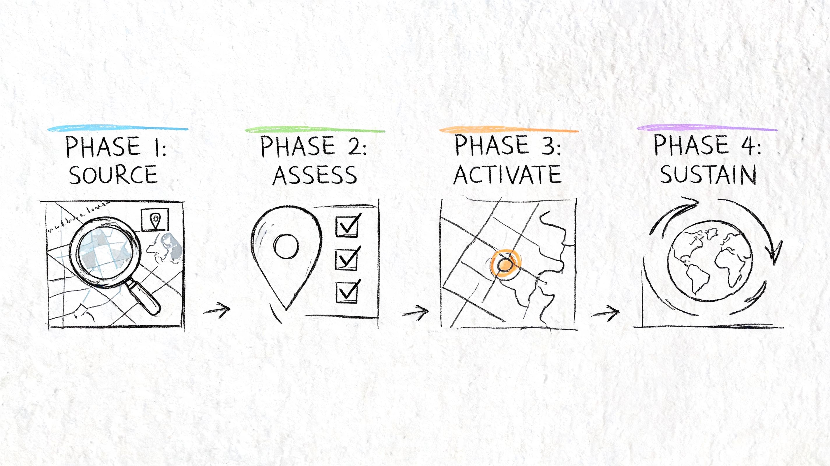 A four-phase business process diagram illustrating steps: Source, Assess, Activate, and Sustain using hand-drawn icons.