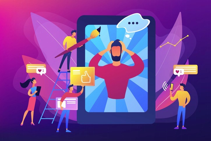 Illustration of people designing content on a giant tablet surrounded by social media icons.