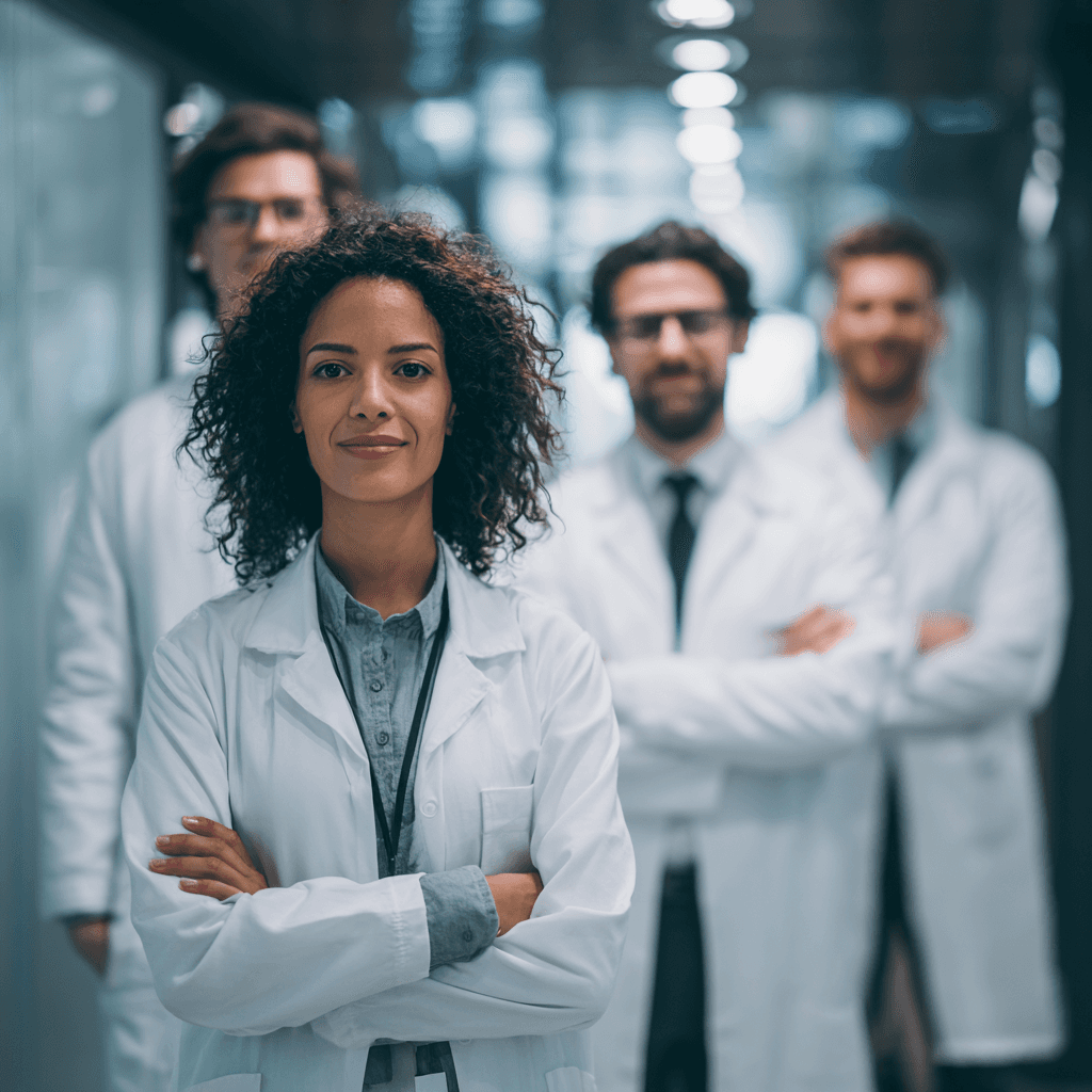 A confident female scientist stands in front, arms crossed, flanked by three male colleagues in lab coats. The setting is a modern, well-lit lab hallway.