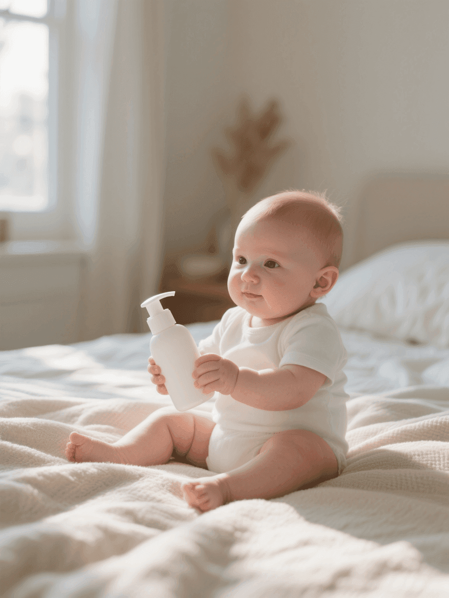 A baby in a white onesie sits on a cozy, sunlit bed holding a white bottle, with a softly blurred background of a window and decorative items.