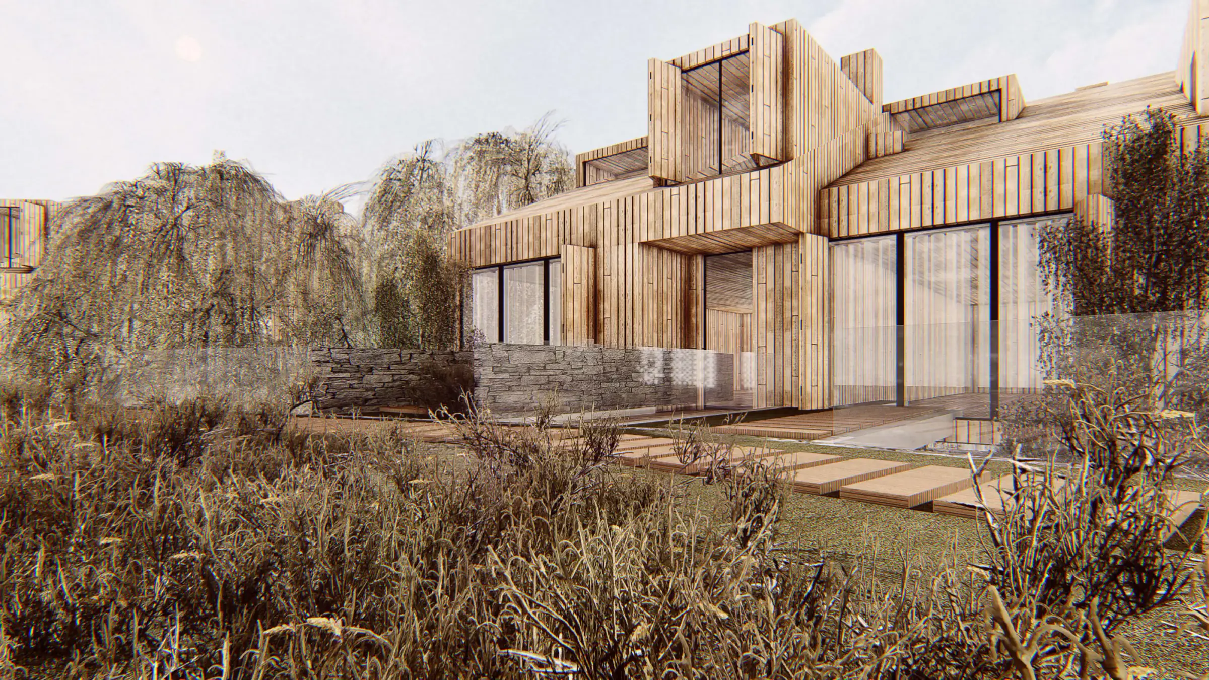 Timber-clad home with grasses in the garden