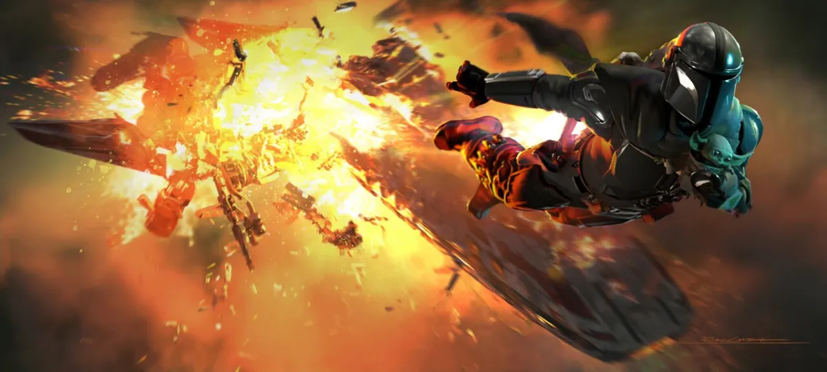 The Mandalorian and Grogu flying away from an exploding ship. This is concept art for The Mandalorian and Grogu movie