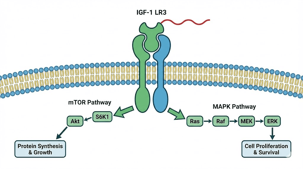 IGF-1 LR3 mechanism of action showing receptor binding and cellular pathways