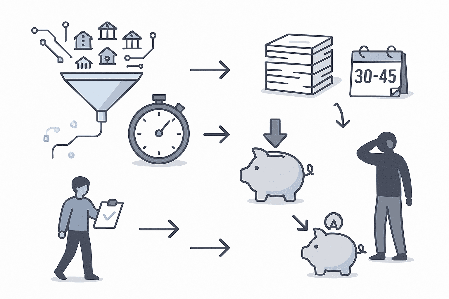 Vector split-screen showing Chestnut’s 8-minute AI underwriting contrasted with 45-day traditional mortgage process