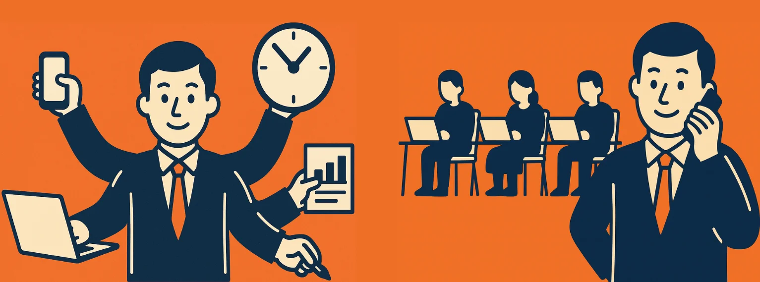 solopreneurship-vs-entrepreneurship-illustration-showing-one-man-juggling-multiple-tasks-on-the-left-and-another-man-on-the-right-standing-in-front-of-a-seated-team-on-laptops