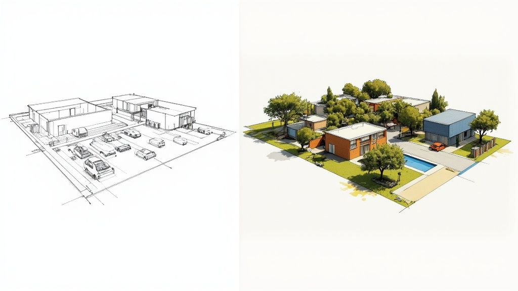 A detailed and colorful rendered site plan showing buildings, trees, and roads from an aerial perspective.