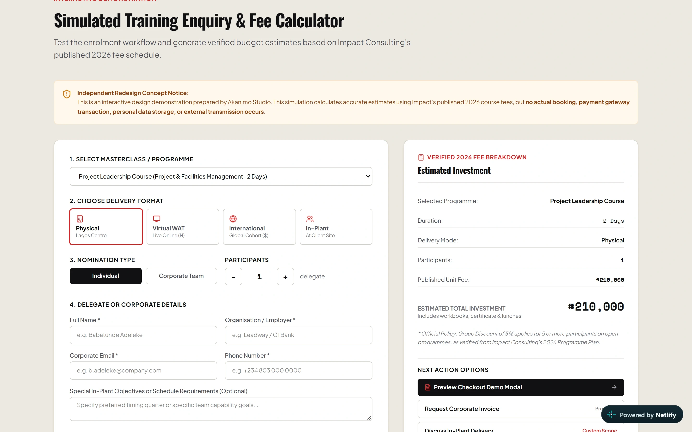 Simulated Corporate Training Fee Calculator interface in the independent redesign