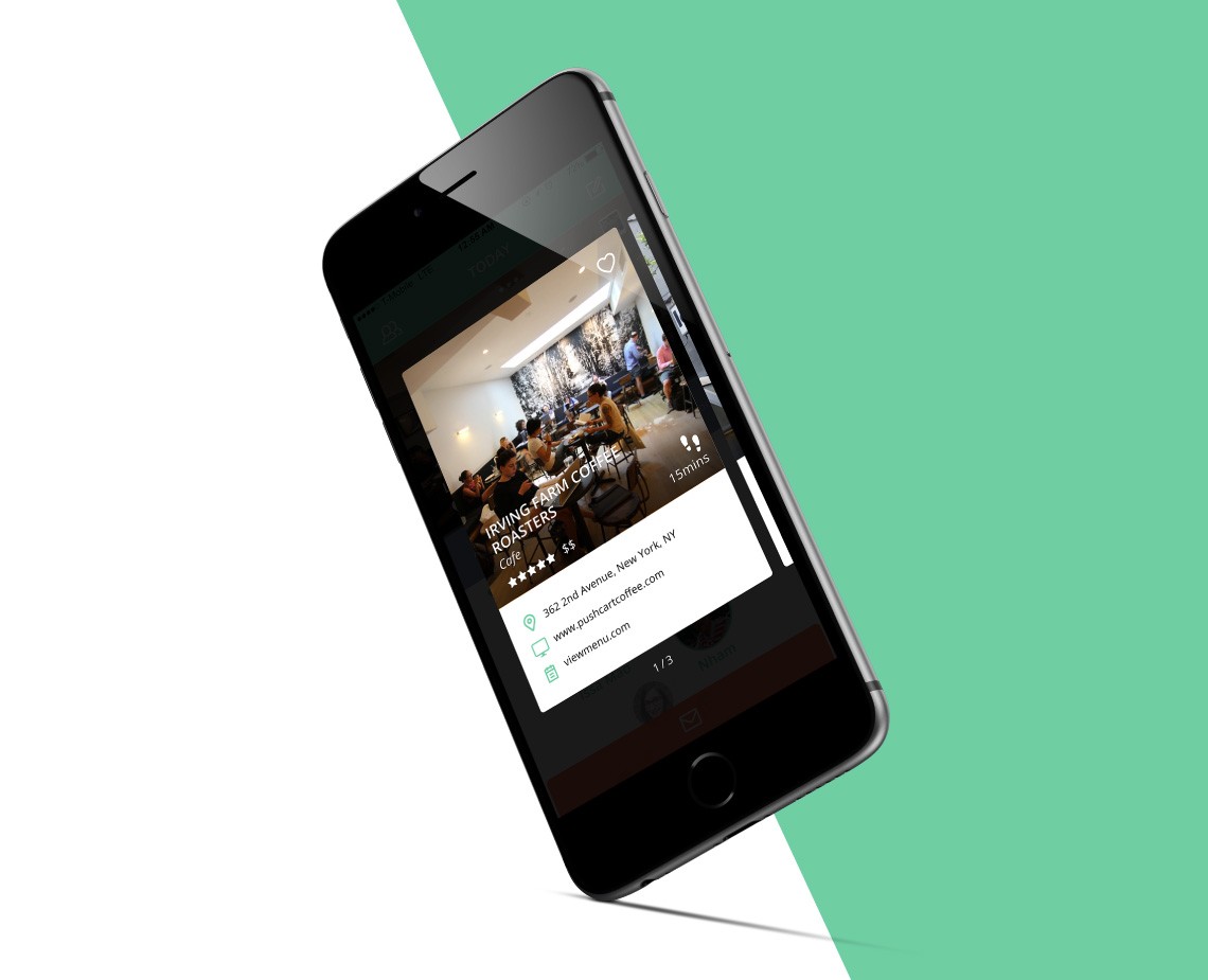 A black iPhone is angled diagonally against a two-toned green and white background. The screen displays a Facebook page for "Rising Farm Café," showing a photo of a cafe interior with people seated at tables. The page includes event details: the address (362nd Avenue, West, New York), website (viewmenu.com), and five-star rating. The phone's screen reflects ambient light.
