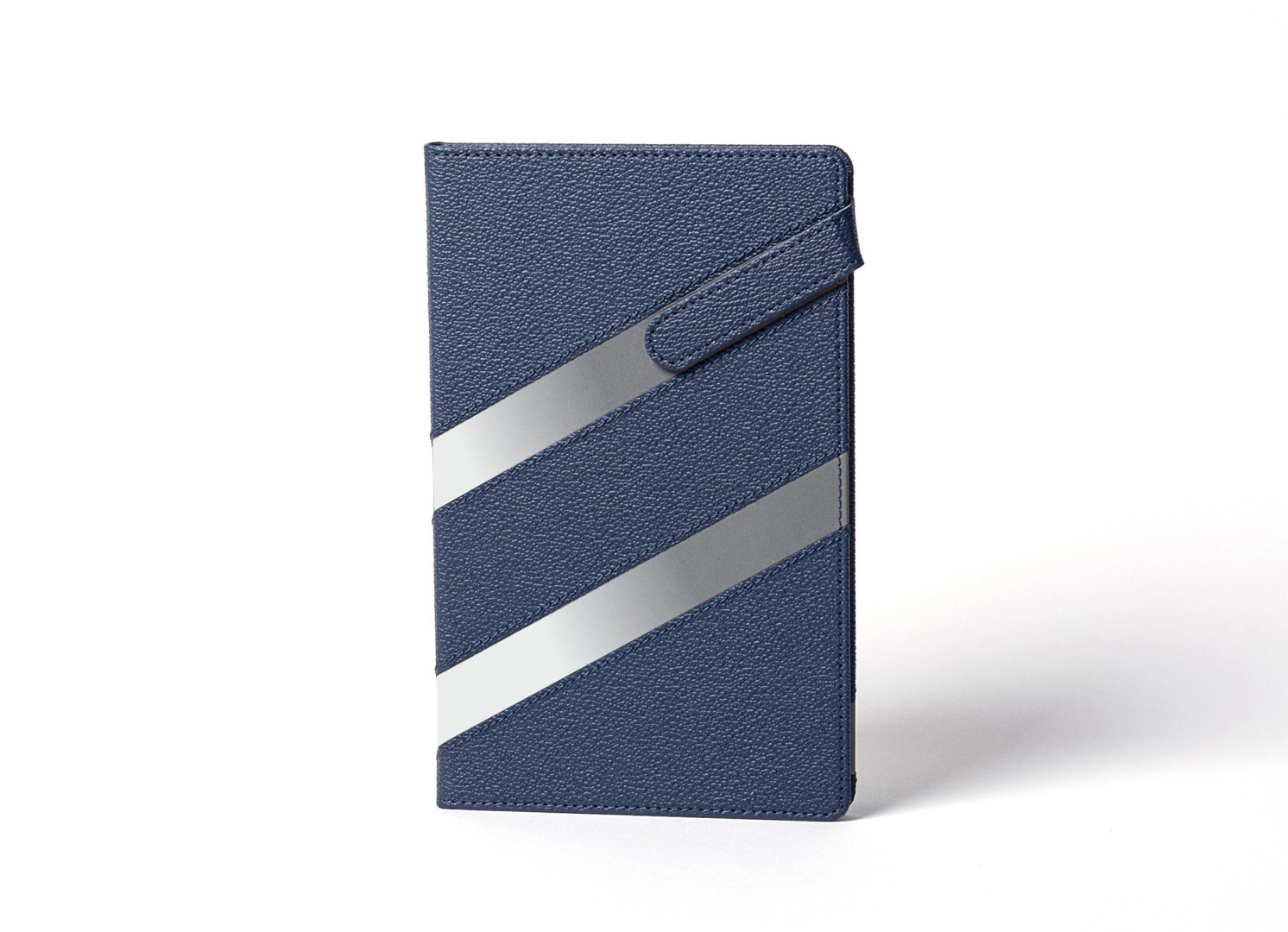 Front view of navy blue notebook with diagonal grey stripes.