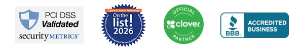 Industry compliance badges include PCI DSS certification from Security Metrics, 2026 Visa PCI recognition, Official Clover Partner status, and BBB Accreditation.