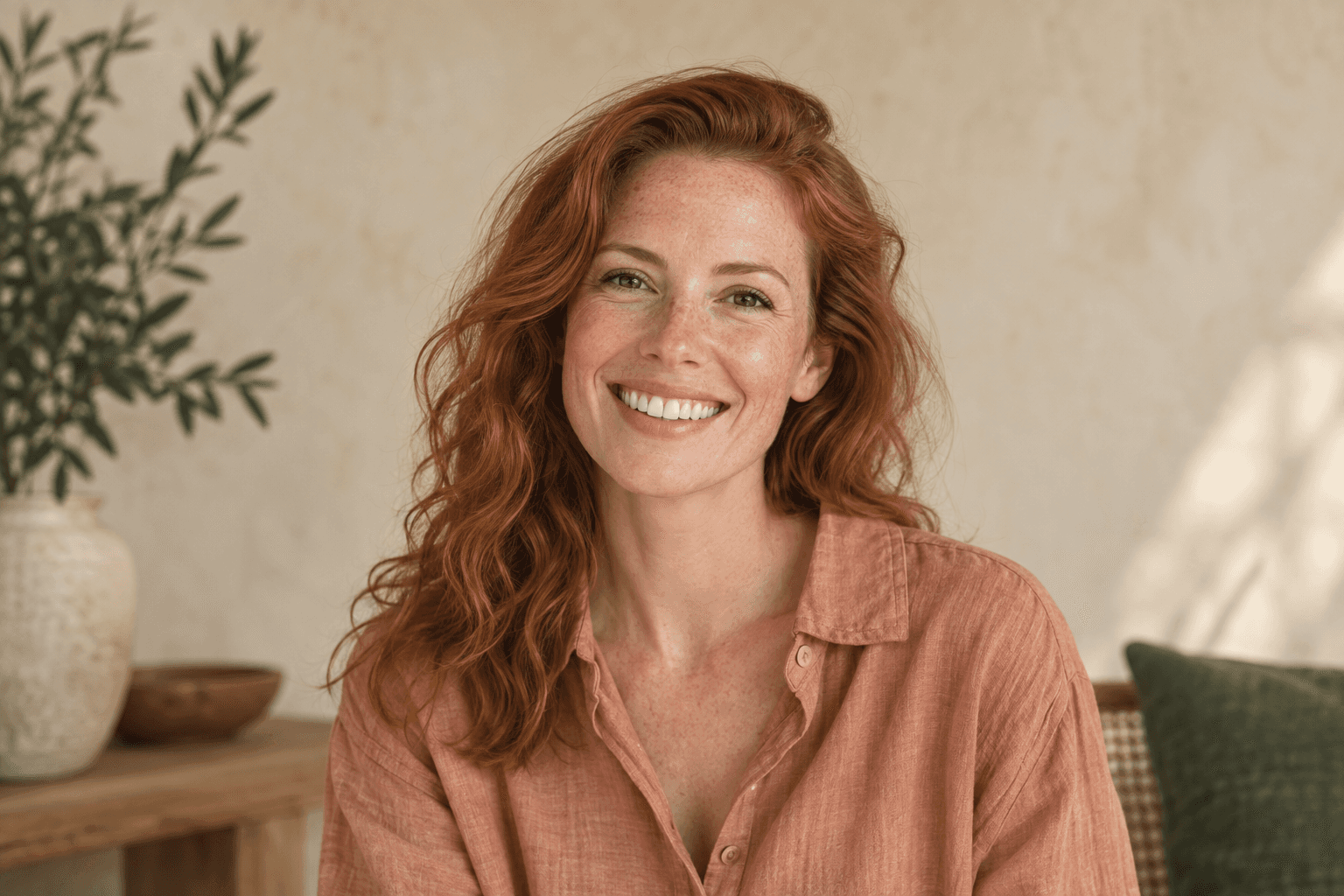 Illustrative portrait of a woman with auburn hair smiling in the studio