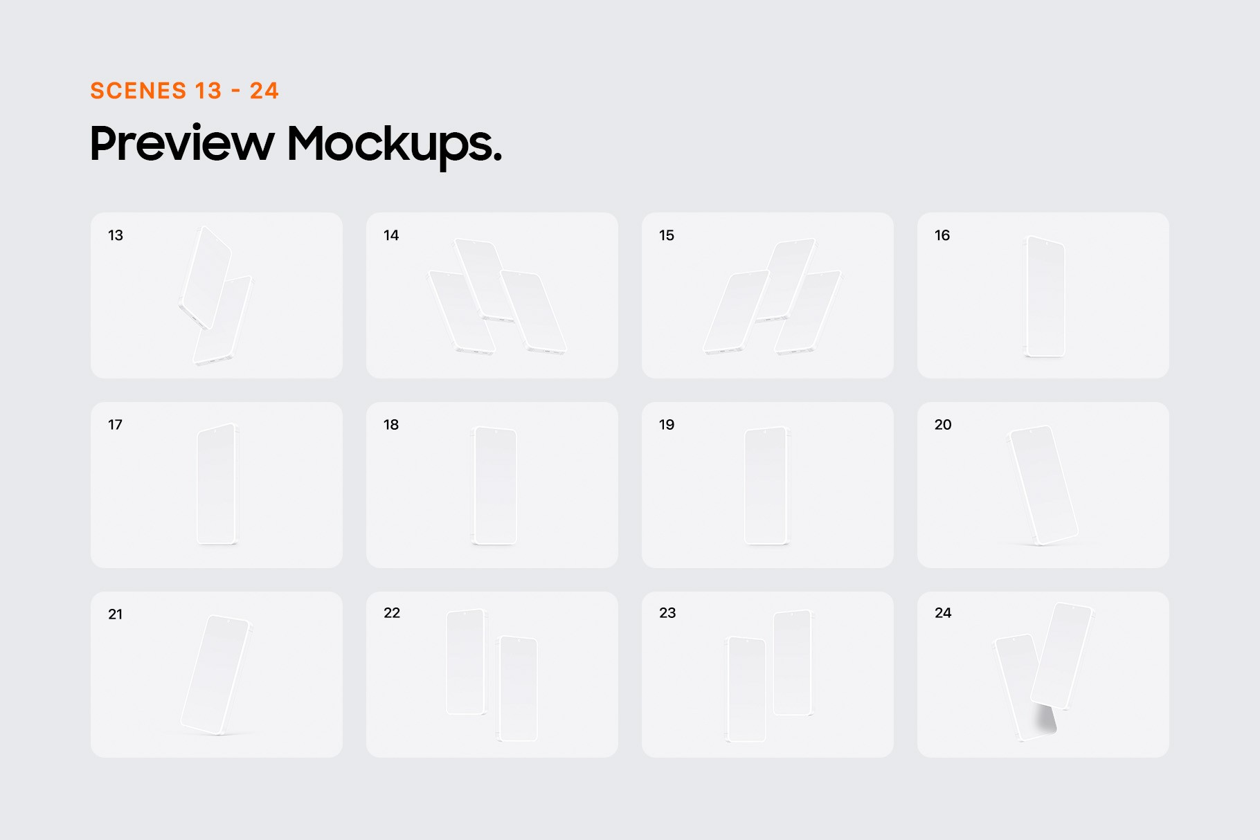 Second grid preview of clay phone mockups offering diverse composition options for showcasing digital designs in a clean aesthetic.
