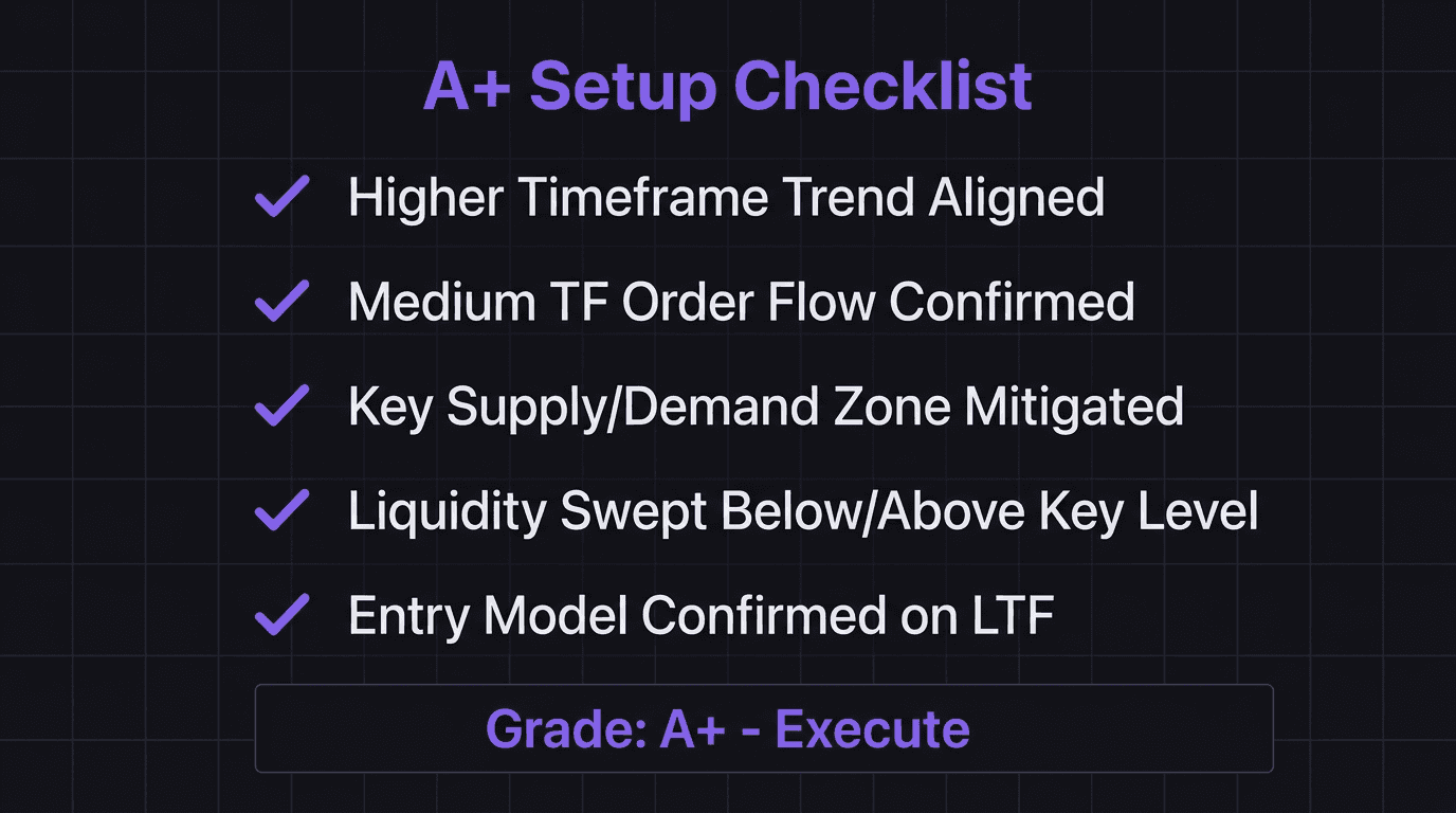 Checklist showing 5 A-plus trade criteria with check marks for a confirmed setup